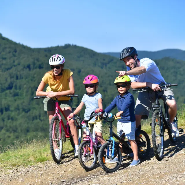 Family on a biking day, parents pointing at scenery