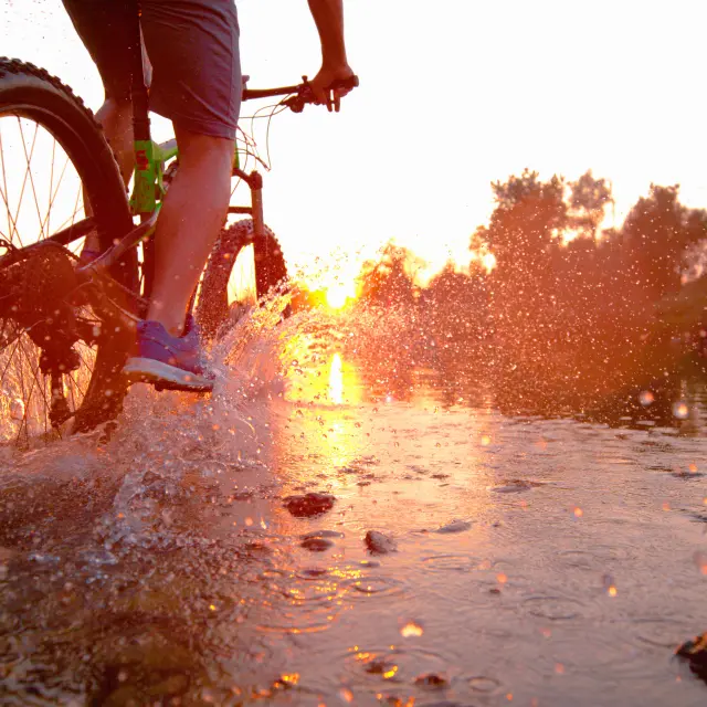 LENS FLARE: Sportsman riding his bicycle in the shallow stream t