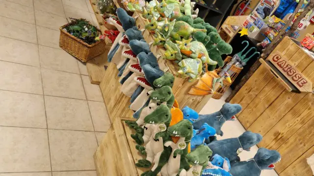 Etale de peluches dans la boutique dinopédia