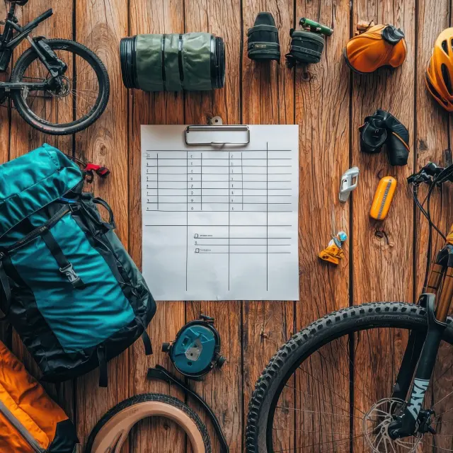 A flat lay of outdoor adventure gear, including backpacks, bikes, and tools, arranged on a wooden surface with a checklist.